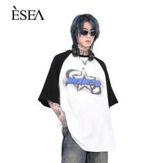 ESEA เสื้อยืดผู้ชายอเมริกันย้อนยุคที่เรียบง่ายผู้ชายเสื้อยืดแฟชั่นพิมพ์รอบคอแขนสั้นการแข่งขันทั้