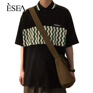 ESEA เสื้อยืดผู้ชายหลวมคู่สบาย ๆ เสื้อยืดผู้ชายประกบแนวโน้มปกเสื้อโปโล