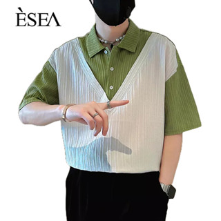 ESEA เสื้อเชิ้ตแขนสั้นผู้ชายแบรนด์อินเทรนด์ฤดูร้อนความรู้สึกสูงผ้าไหมน้ําแข็งแฟชั่นตัดกันเสื้อเชิ้ตยอดนิยมของผู้ชาย