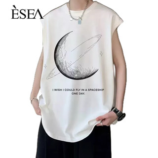 ESEA ผู้ชายเสื้อกั๊กกีฬาอเนกประสงค์ผู้ชายสบาย ๆ เสื้อกั๊กลำลองดวงจันทร์เสื้อยืดหลวมแขนกุดเสื้อยืด