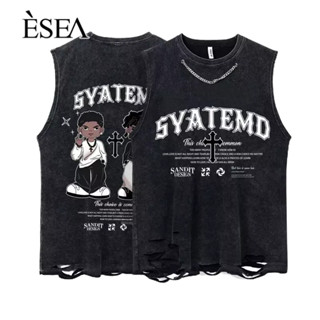 ESEA ผู้ชายเสื้อกั๊กหลุมแฟชั่นลำลองผู้ชายเสื้อกั๊กอเมริกันย้อนยุคเก่าล้างเสื้อยืดแขนกุด