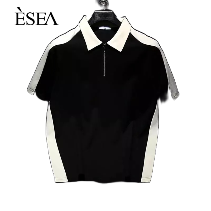 Esea เสื้อโปโลแขนสั้น คอปก มีซิปครึ่ง สไตล์เกาหลี ฤดูร้อน ยอดนิยม สีตัดกัน แฟชั่นสําหรับผู้ชาย