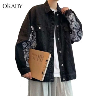 OKADY เสื้อแจ็กเก็ตยีนลําลอง ทรงหลวม พิมพ์ลาย สไตล์ฮิปฮอป สําหรับผู้ชาย