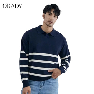 OKADY เสื้อสเวตเตอร์คอโปโลแขนยาวลายสก๊อตแฟชั่นฤดูหนาวฤดูใบไม้ร่วงสำหรับผู้ชาย