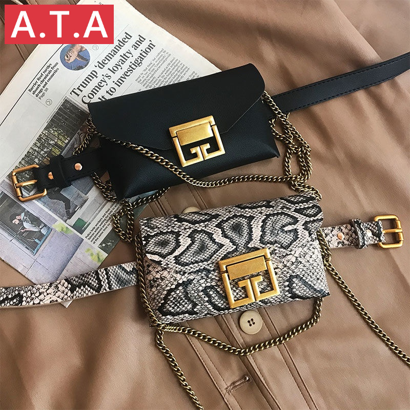 A.t.a กระเป๋าคาดเอว ลายหนังงู ขนาดเล็ก สไตล์วินเทจ สําหรับผู้หญิง