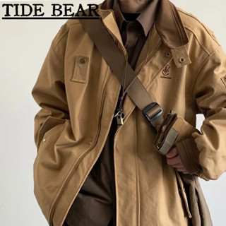 Tide BEAR ใหม่ เสื้อแจ็กเก็ต คอปกโปโล ปักลายหมี คุณภาพสูง สไตล์อเมริกัน เรโทร สีพื้น ใส่ทํางานได้ สําหรับผู้ชาย และผู้หญิง