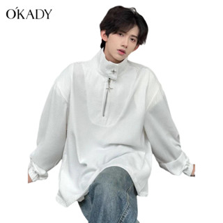 OKADY เสื้อกันหนาว แต่งซิปครึ่ง แต่งหัวเข็มขัดโลหะ สไตล์อเมริกัน สําหรับผู้ชาย