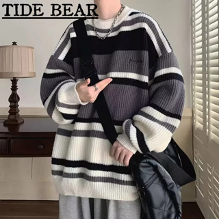 Tide BEAR ใหม่ เสื้อกันหนาว ผ้าถัก ทรงหลวม พิมพ์ลายทาง สไตล์ฮิปฮอป สตรีท อเมริกัน เรโทร คุณภาพสูง สําหรับผู้ชาย