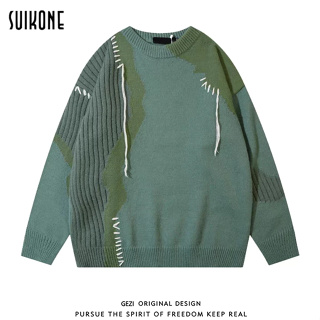 Suikone เสื้อกันหนาวแขนยาว ผ้าถัก สีตัดกัน สไตล์ฮาราจูกุ อเมริกัน แฟชั่นสําหรับผู้ชาย และผู้หญิง