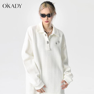 OKADY เสื้อกันหนาวแขนยาวลําลอง คอปกโปโล ทรงหลวม ลายดาว สีขาว สไตล์อเมริกัน สําหรับผู้ชาย และผู้หญิง