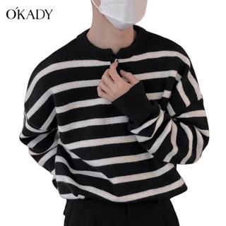 OKADY เสื้อกันหนาวลําลอง คอกลม ลายทาง สไตล์เกาหลี แฟชั่นฤดูใบไม้ผลิ และฤดูใบไม้ร่วง สําหรับเด็กผู้ชาย