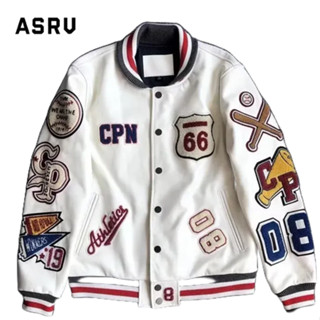 Asrv เสื้อแจ็กเก็ตเบสบอลลําลอง หนัง PU ปักลาย ทรงหลวม สําหรับผู้ชาย และผู้หญิง