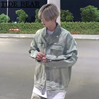 Tide BEAR ใหม่ เสื้อแจ็กเก็ตยีน แขนยาว มีซิป ลาย American retro สไตล์สตรีท สีเหลือง สําหรับผู้ชาย