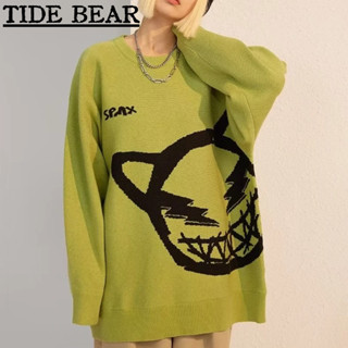 Tide BEAR ใหม่ เสื้อกันหนาวลําลอง คอกลม ผ้าถัก พิมพ์ลายการ์ตูน ทรงหลวม สไตล์อเมริกัน เรโทร สําหรับผู้ชาย และผู้หญิง