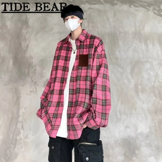 Tide BEAR ใหม่ เสื้อเชิ้ตแขนยาว คอสี่เหลี่ยม ลายตารางหมากรุก หลากสี พรีเมี่ยม สไตล์สตรีท อเมริกัน เรโทร แฟชั่นสําหรับผู้ชาย