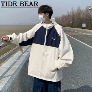 Tide BEAR ใหม่ เสื้อแจ็กเก็ต มีฮู้ด ทรงหลวม สีตัดกัน สไตล์เรโทร อเมริกัน แฟชั่นสําหรับผู้ชาย คู่รัก