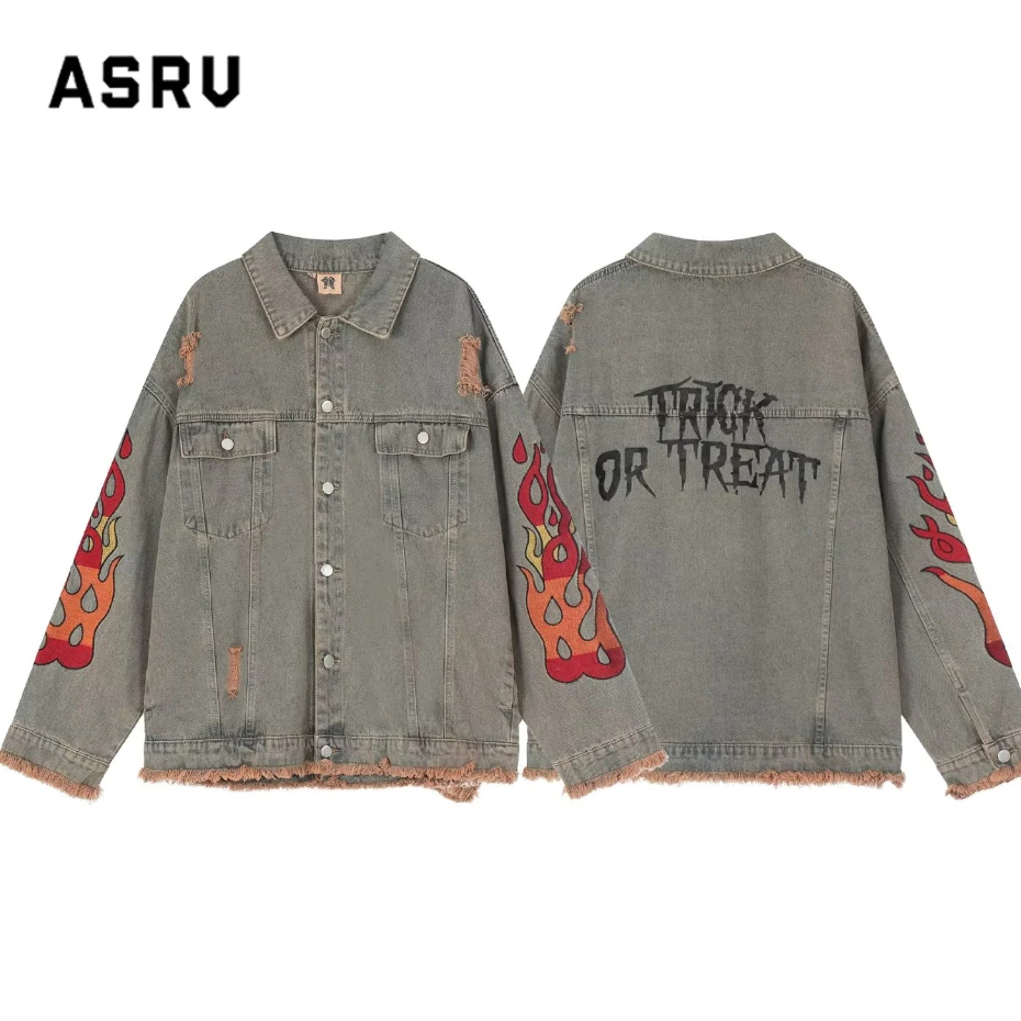 Asrv เสื้อแจ็กเก็ตยีน แขนยาว ลายเปลวไฟ แนวสตรีท ย้อนยุค ฤดูใบไม้ร่วง สําหรับผู้ชาย และผู้หญิง
