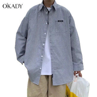 OKADY เสื้อเชิ้ตแขนยาวลําลอง ทรงหลวม ลายทาง สไตล์ญี่ปุ่น สําหรับผู้ชาย