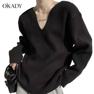 OKADY เสื้อกันหนาว คอวี ผ้าถัก เรียบง่าย สีพื้น แฟชั่น