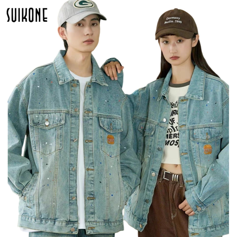 Suikone เสื้อแจ็กเก็ตยีนแขนยาว ลําลอง ทรงหลวม สไตล์อเมริกัน แฟชั่นสําหรับผู้ชาย และผู้หญิง
