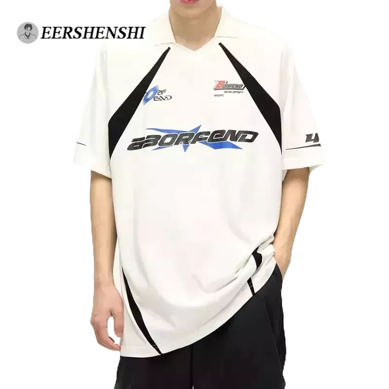EERSHENSHI เสื้อยืดผู้ชาย ins แนวโน้มการพิมพ์สีทึบยอดนิยม เสื้อโปโล เสื้อยืดหลวมและอเนกประสงค์แฟชั่นผู้ชาย