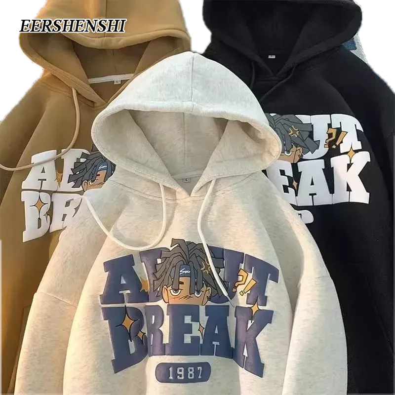 EERSHENSHI เสื้อสเวตเตอร์มีฮู้ดผู้ชายใหม่หล่อสไตล์ INS หลวมพิมพ์สบาย ๆ เสื้อสเวตเตอร์คู่