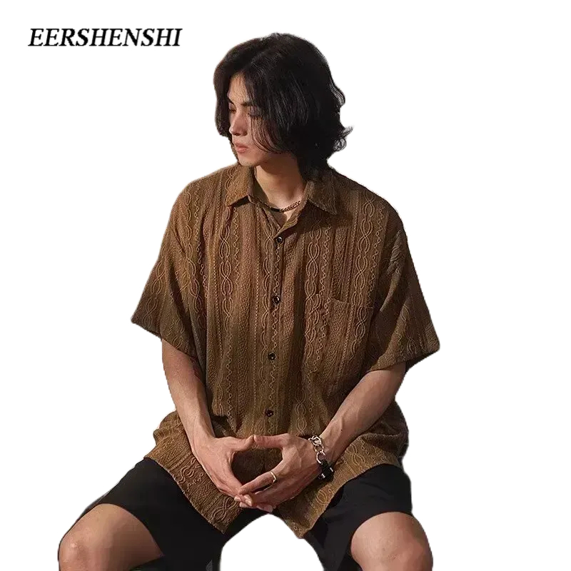 EERSHENSHI ใหม่เสื้อเชิ้ตหลวมสีทึบเรียบง่ายของผู้ชายกลวงเยาวชนแขนสั้นยอดนิยม