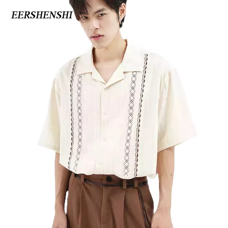EERSHENSHIคูปองเสื้อเชิ้ตผู้ชาย: BHAPSHDGA เสื้อฮาวายแขนสั้นปักลาย American High Street