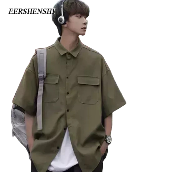 EERSHENSHI เสื้อเชิ้ตแขนสั้นผู้ชายเสื้อเชิ้ตผู้ชายหลวม ๆ แฟชั่นเกาหลี