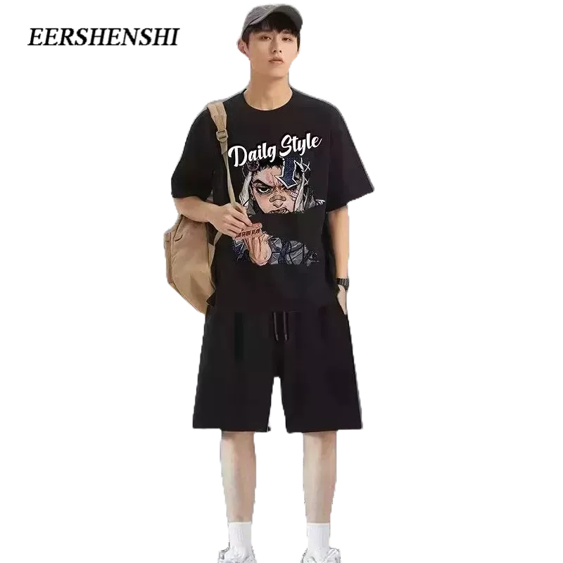 EERSHENSHI ชุดสูทผู้ชายอินเทรนด์ใหม่วรรณกรรมลําลองฤดูร้อนกางเกงขาสั้นผู้ชายชุดเสื้อยืด