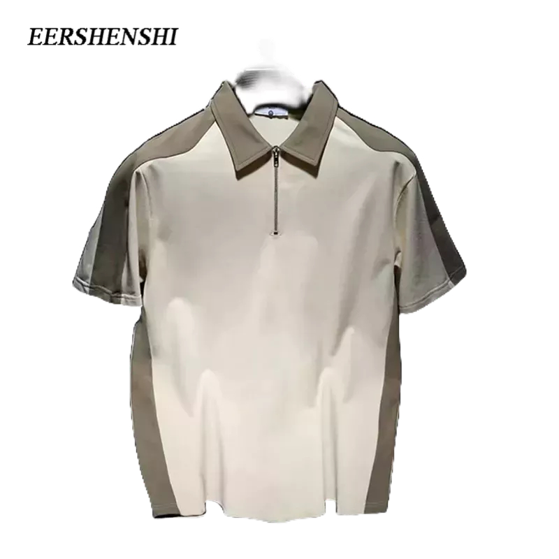 EERSHENSHI เสื้อโปโลแขนสั้นลําลอง ทรงหลวม แต่งซิปครึ่ง สีตัดกัน แฟชั่นฤดูร้อน สไตล์เกาหลี สําหรับผู้ชาย