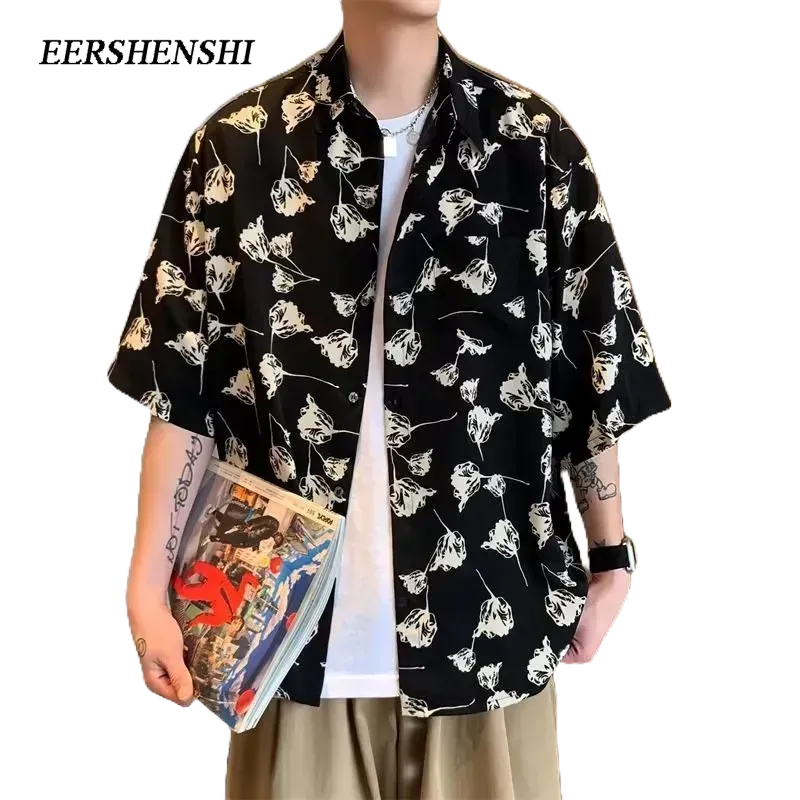 EERSHENSHI เสื้อเชิ้ตผู้ชาย, ผ้าไหมน้ําแข็งพิมพ์บาง, เสื้อเชิ้ตผู้ชายแฟชั่นหลวมฤดูร้อนสไตล์ยุโรปและอเมริกา