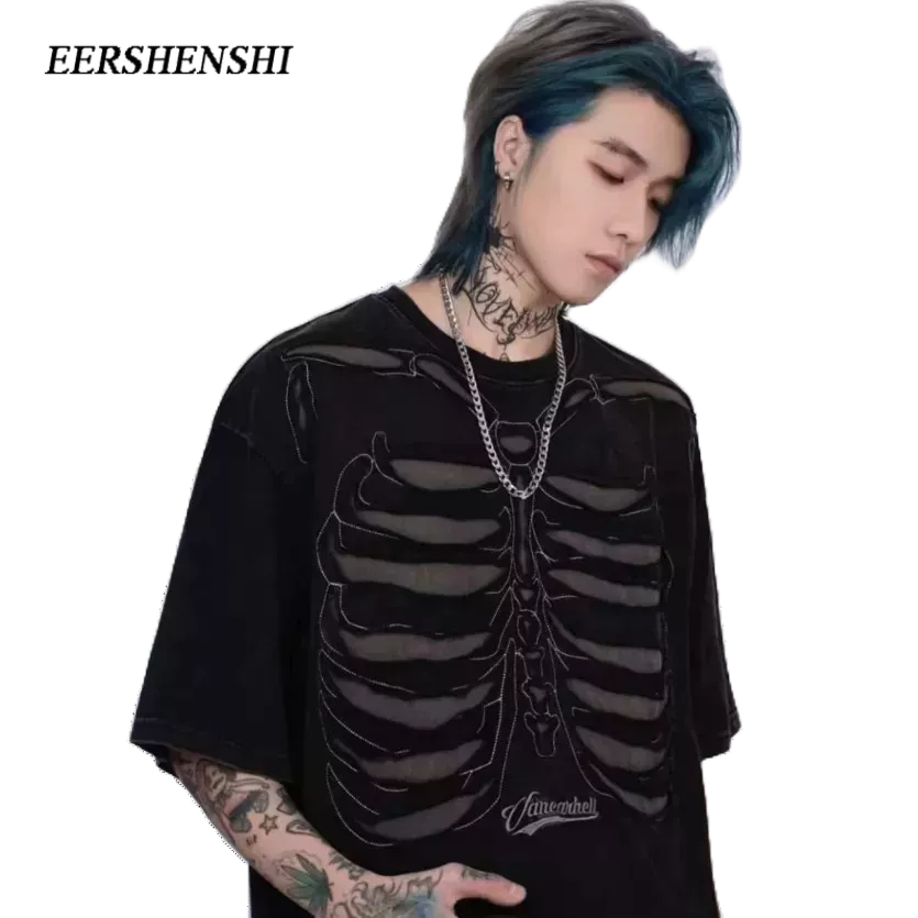 EERSHENSHI ผู้ชายใหม่เสื้อยืดอารมณ์แนวโน้มฤดูร้อนเยาวชนแนวโน้มแฟชั่นสูงพัดลมถนนสูงรอบคอด้านบน