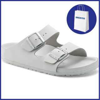 Birkenstock รองเท้าแตะ หนังธรรมชาติ สองสาย สีขาว สําหรับผู้ชาย ผู้หญิง