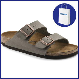 Birkenstock รองเท้าแตะหนัง Arizona Birko-Flor Nubuck Stone สําหรับผู้ชาย ผู้หญิง