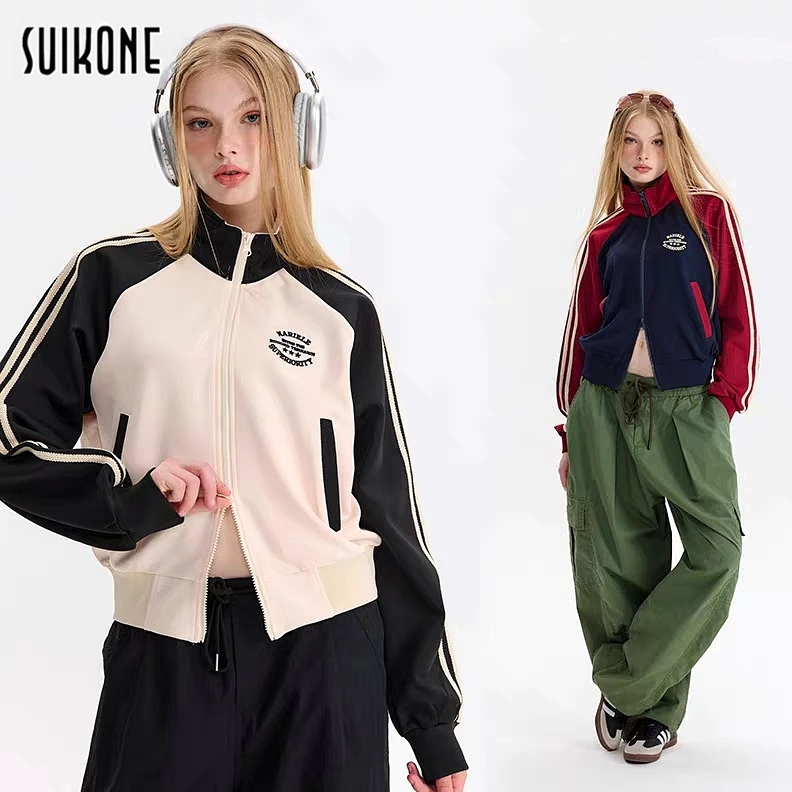 Suikone ใหม่ เสื้อแจ็กเก็ตแขนยาวลําลอง พิมพ์ลายตัวอักษร สไตล์เรโทร แฟชั่นอเมริกัน สําหรับผู้ชาย และผู้หญิง