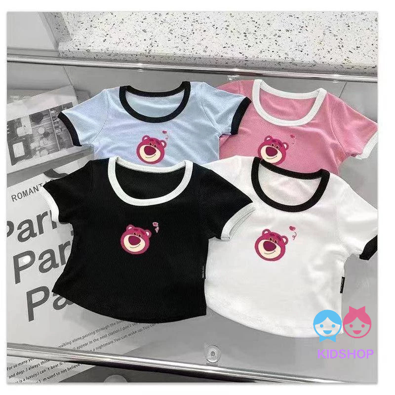 เสื้อยืดแขนสั้น พิมพ์ลายหมีสตรอเบอร์รี่ เข้ากับทุกการแต่งกาย แฟชั่นฤดูร้อน สําหรับเด็กผู้หญิง 2023