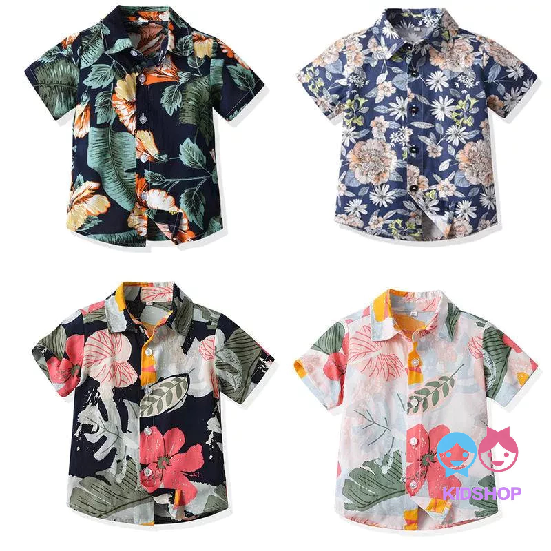 เสื้อคาร์ดิแกนแขนสั้นลําลอง ผ้าฝ้าย ลายดอกไม้ สไตล์ฮาวาย แฟชั่นฤดูร้อน สําหรับเด็กผู้ชาย