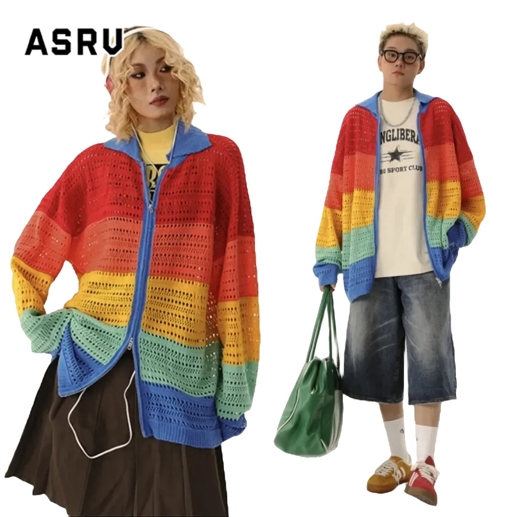 ASRV อเมริกันเรโทรกลวงถักสีลายเสื้อสเวตเตอร์ถักชายและหญิงเสื้อกันหนาวซิปลำลองหลวม