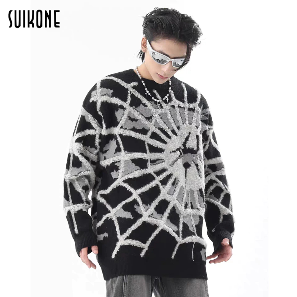 SUIKONE เสื้อกันหนาวแขนยาว คอกลม ผ้าถัก ทรงหลวม ลายแมงมุม แฟชั่นฤดูใบไม้ร่วง และฤดูหนาว สําหรับผู้ชาย และผู้หญิง