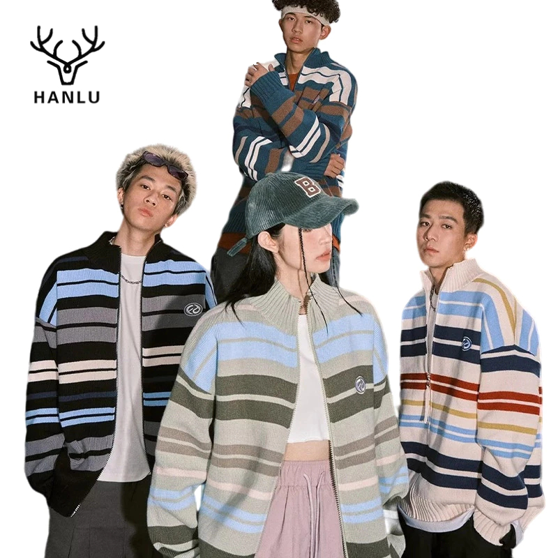 Hanlu เสื้อกันหนาวคาร์ดิแกน ผ้าถัก ทรงหลวม ลายทาง แฟชั่นฤดูใบไม้ร่วง และฤดูหนาว สําหรับผู้ชาย และผู้หญิง