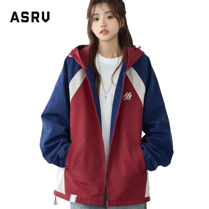 Asrv เสื้อแจ็กเก็ตลําลอง กันน้ํา ทรงหลวม กันลม สีตัดกัน สไตล์อเมริกันเรโทร เหมาะกับการเล่นกีฬากลางแจ้ง สําหรับผู้ชาย และผู้หญิง