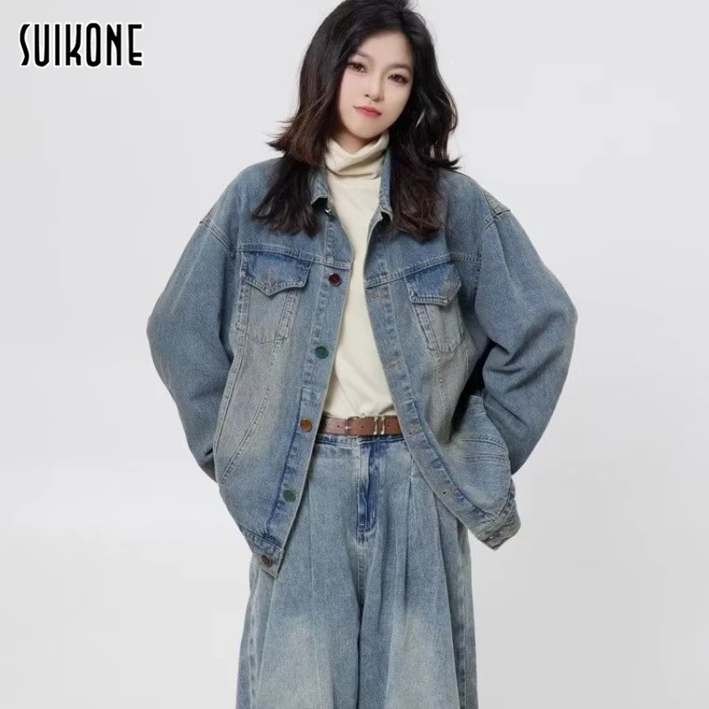 Suikone เสื้อแจ็กเก็ตยีน แขนยาว คุณภาพสูง แฟชั่นฤดูใบไม้ผลิ และฤดูใบไม้ร่วง สไตล์อเมริกันเรโทร สําหรับผู้ชาย และผู้หญิง