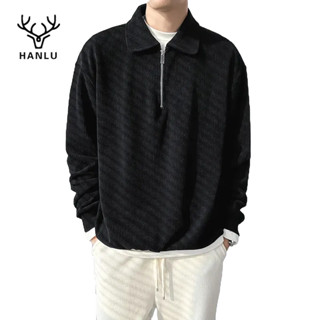 HANLU เสื้อสเวตเตอร์ผู้ชายแฟชั่นปกซิปสเวตเตอร์สลิมสีทึบคอโปโ…