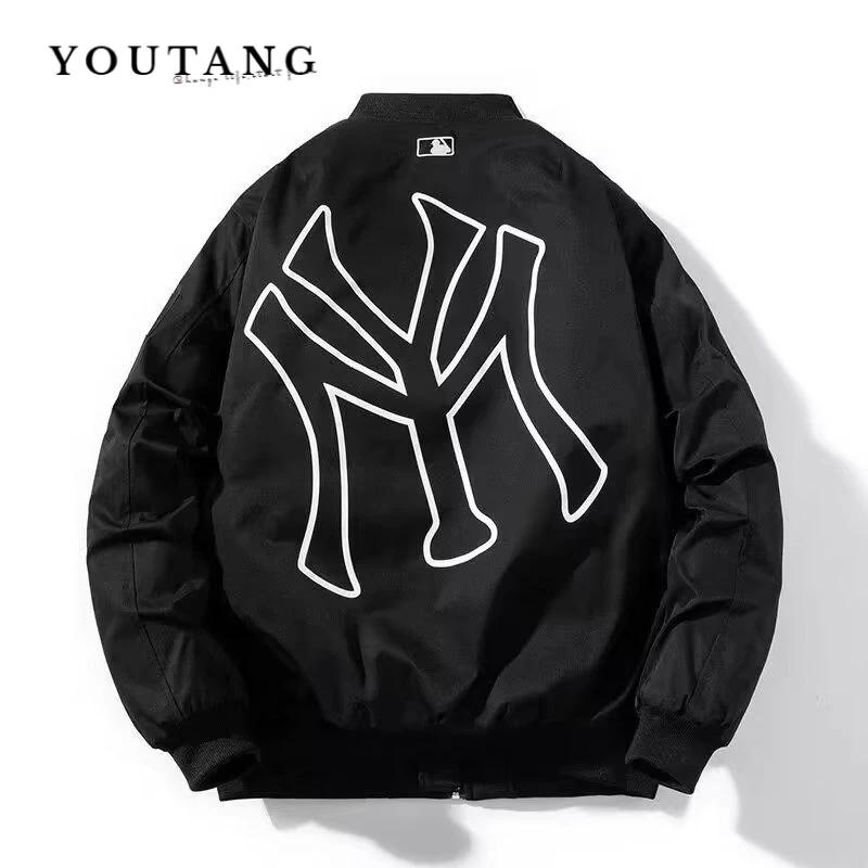 YOUTANG ชุดเบสบอลสุทธิสีแดงอเมริกันแจ็คเก็ตผู้ชายน้ำฤดูใบไม้ผลิแบรนด์แจ็คเก็ตไฮสตรีทหลวมทุกคู่สีดำด้านบน