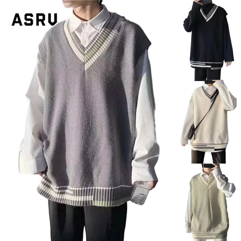 Asrv ฤดูใบไม้ร่วงและฤดูหนาว คอวี แขนกุด สไตล์วิทยาลัย หลวม ผู้ชายและผู้หญิง เสื้อกันหนาวถัก เสื้อกั๊ก ทุกเพศ