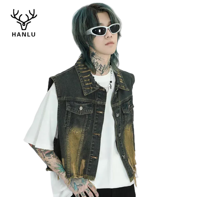 Hanlu เสื้อแจ็กเก็ตยีนแขนกุด คอปก ทรงหลวม อเนกประสงค์ สไตล์เรโทร สําหรับผู้ชาย