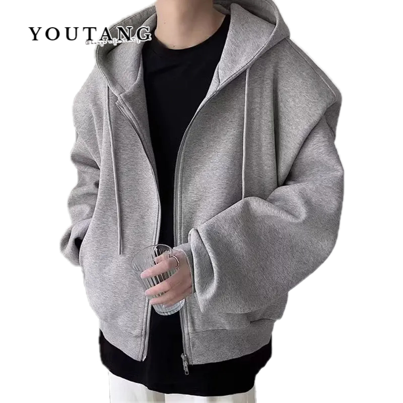 YOUTANG เสื้อแจ็คเก็ตผู้ชายสปริงคุณภาพสูงสีเทาขนาดใหญ่แผ่นรองไหล่มีฮู้ดเสื้อกันหนาว BF สไตล์ฮาราจูกุรุ่นกว้างแนวโน้ม