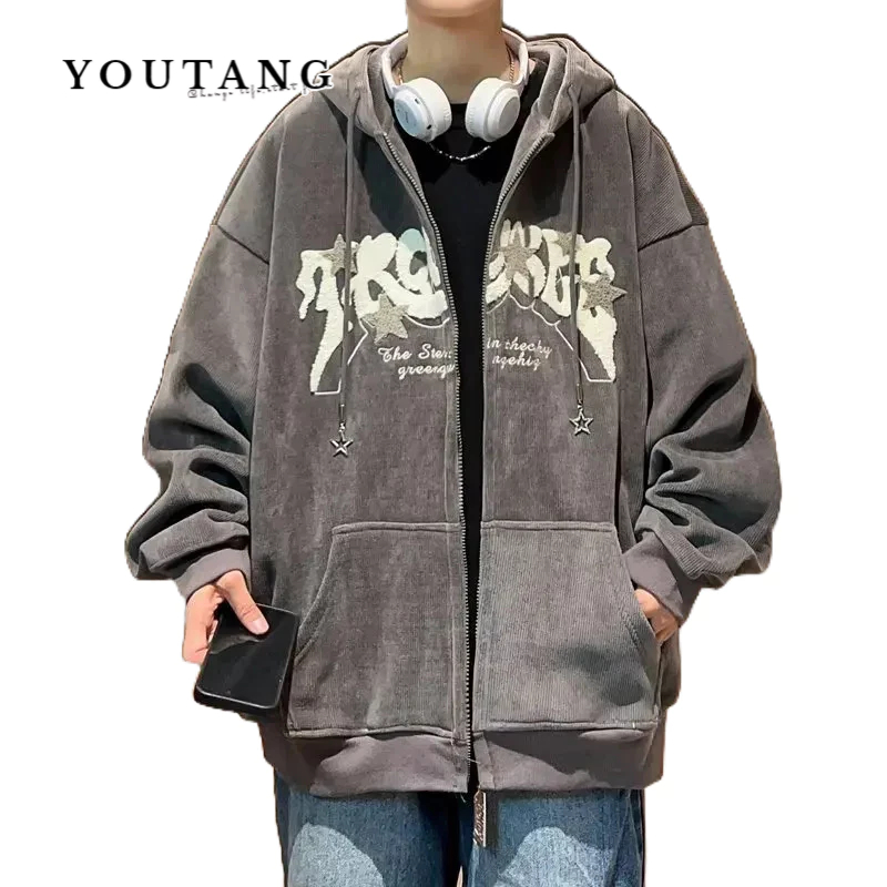 YOUTANG เสื้อแจ็กเก็ตลําลอง ผ้าลูกฟูก มีฮู้ด สไตล์เกาหลี ฮิปฮอป สตรีท อเนกประสงค์ สําหรับผู้ชาย และผู้หญิง