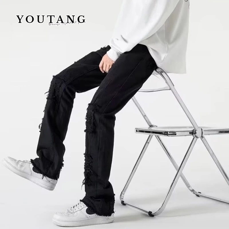 YOUTANG กางเกงยีนขายาว ทรงตรง สีดํา สไตล์อเมริกัน แฟชั่นสําหรับผู้ชาย